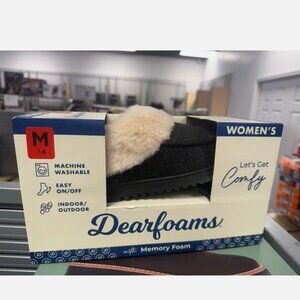 NWT Dearfoams Total Comfort Women Memory Foam Fur Trim Black Slipper Black M 7-8